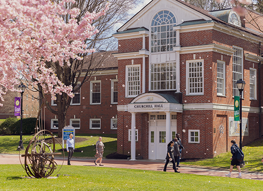 Cherry blossom tree and Churchill Hall