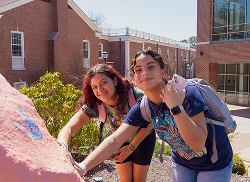 Two female students painting the rock