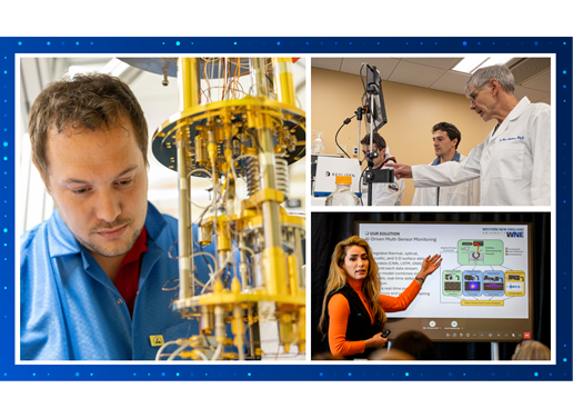 Collage of faculty and students working on lab projects
