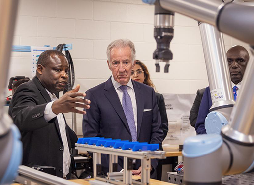 Professor with Congressman Neal in engineering lab