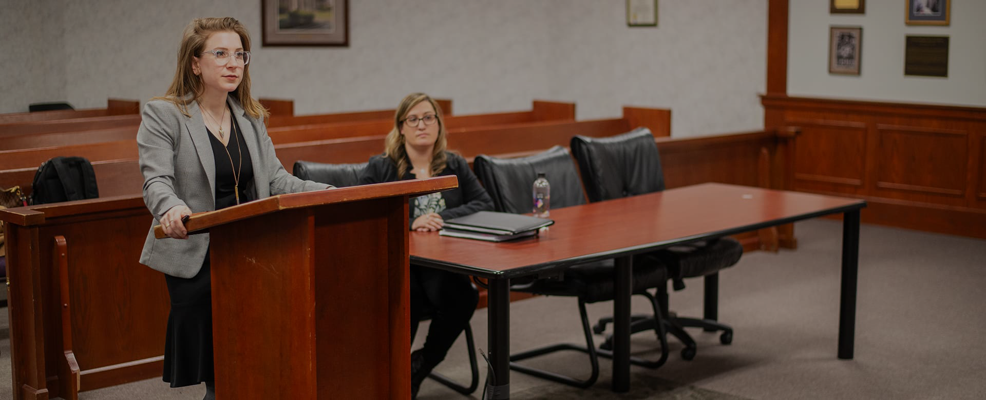 JD student in mock court