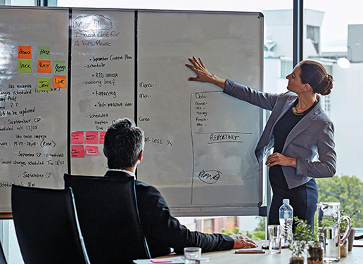 Woman leading meeting at white board