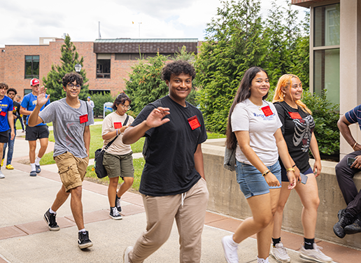 First year students walking on campus