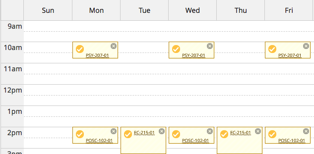 Screen shot of a sample schedule showing three course sections on a calendar.