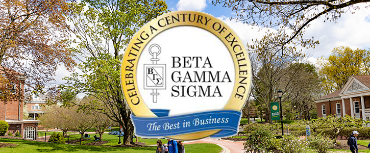 Beta Gamma Sigma logo over photo of campus