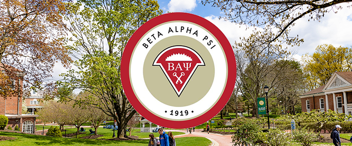 Beta Alpha Psi logo over a photo of WNE Campus