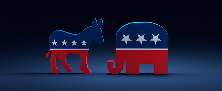 3D render of Democrats Donkey vs Republican Elephant symbols on Dark blue background