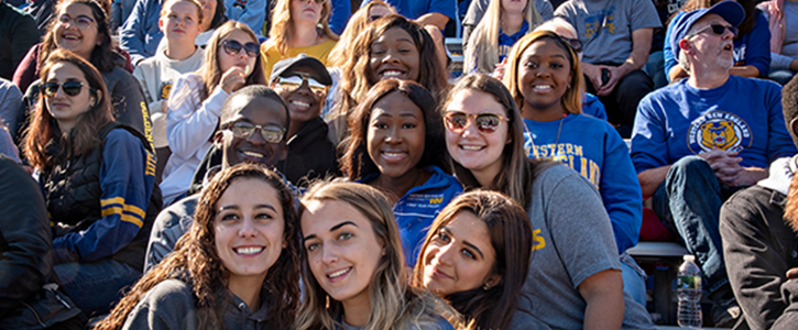 Students and alumni in stands with WNE t-shirts