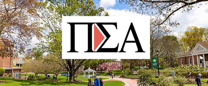 Pi Sigma Alpha logo over a picture of campus in the spring