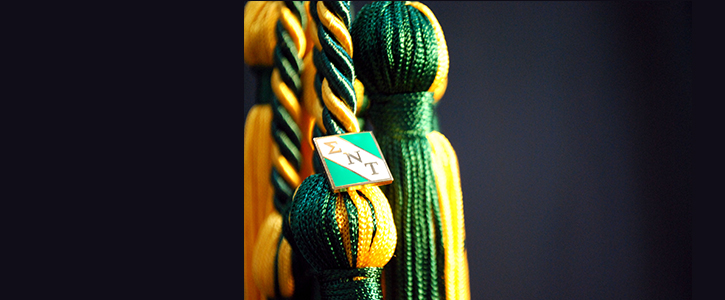 Sigma Nu Tau pin on green and yellow tassels.