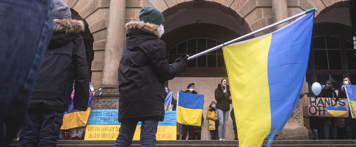Protester holding Ukrainian flag