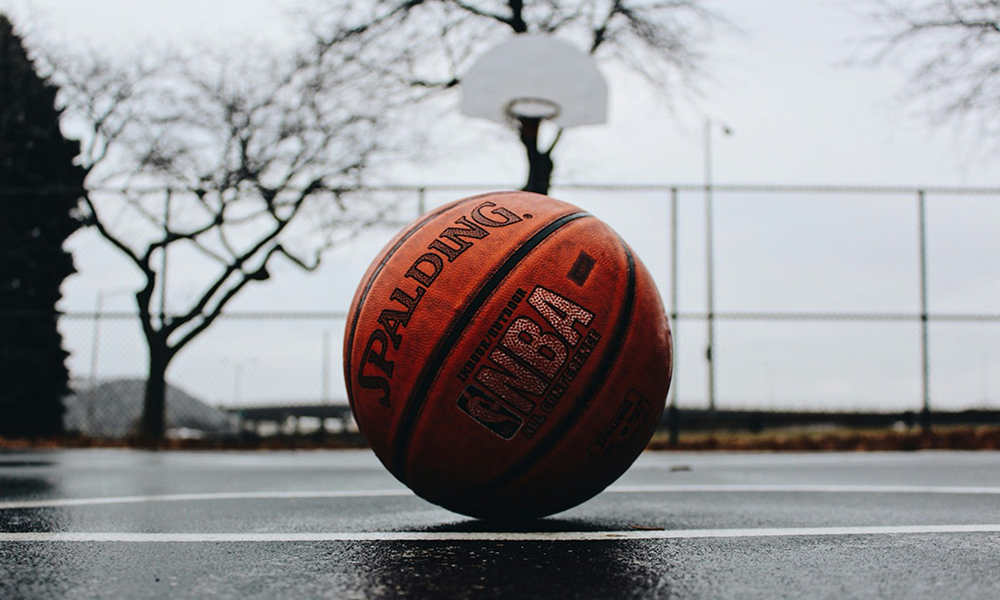 close-up of a basketball on the court