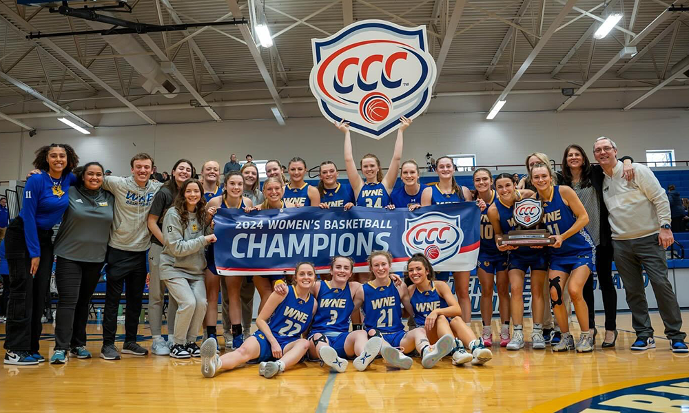 Team photo holding the 2024 CCC Women's Basketball championship sign.