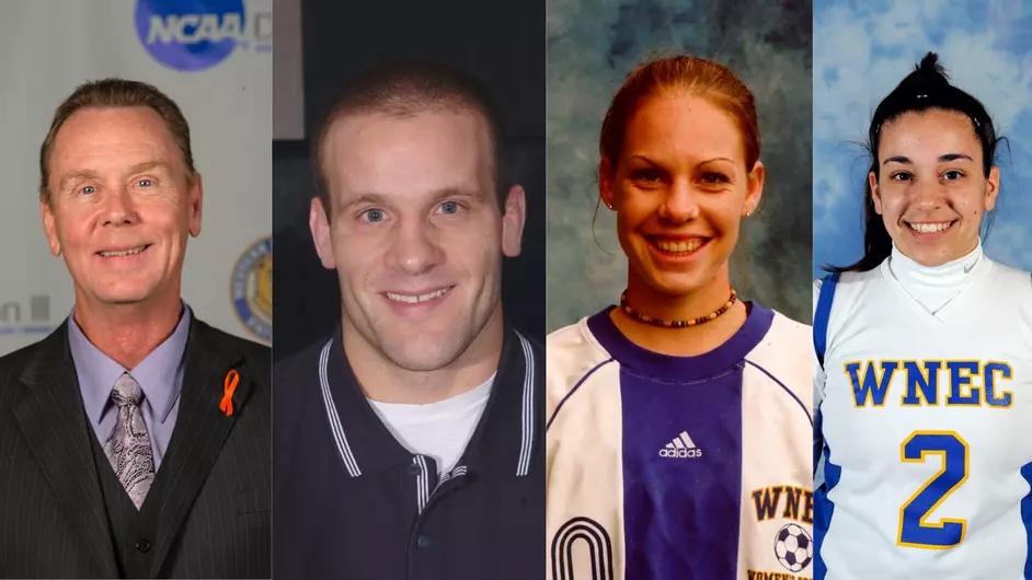 L to R: Mike Theulen (Head Coach/Athletic Director), Bryan Brunk ‘98 (Men’s Wrestling), Jacquelyn Bailey ‘03 (Women’s Soccer), Marissa Bonitatibus ‘11 (Women’s Lacrosse)