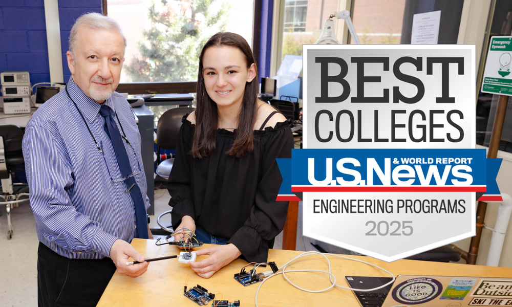 Engineering professor and female student reviewing circuits with US News & World Report 2025 Badge to right of picture.