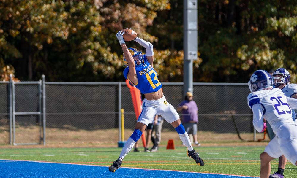 Football player jumping to grab football in endzone.