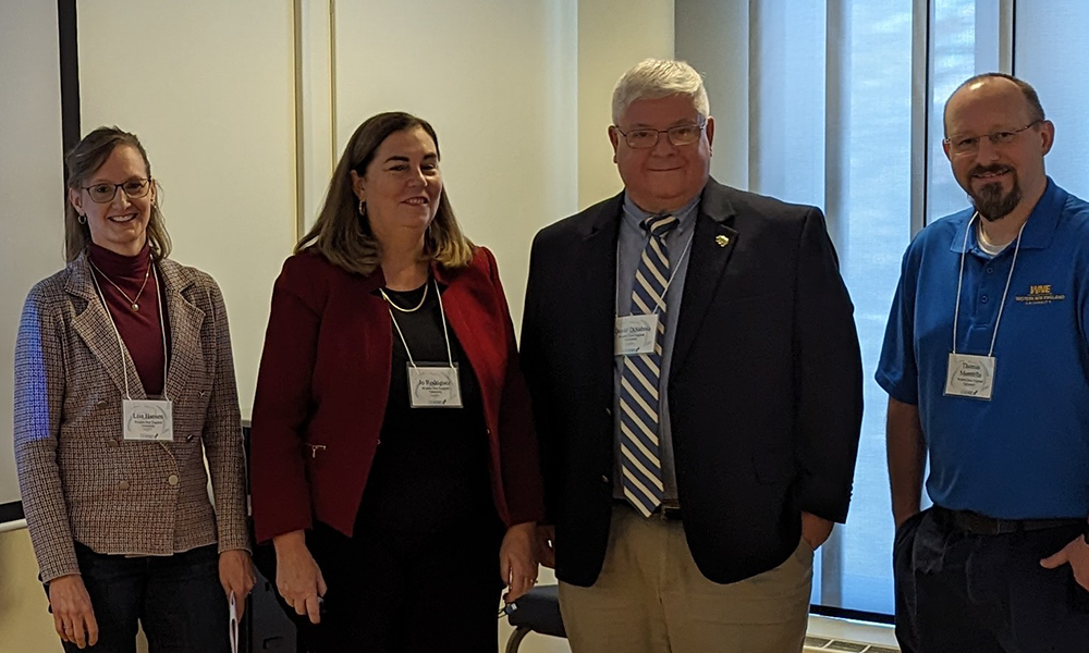 WNE research team exploring Generative AI's potential in academic assessment. From left: Lisa Hansen, Josephine Rodriguez, David DiSabito, and Thomas Mennella.
