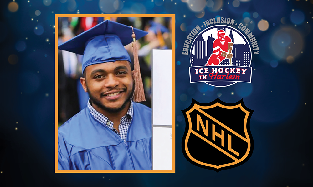 Headshot of Malik Garvin in grad cap and gown next to IHIH and NHL logos.