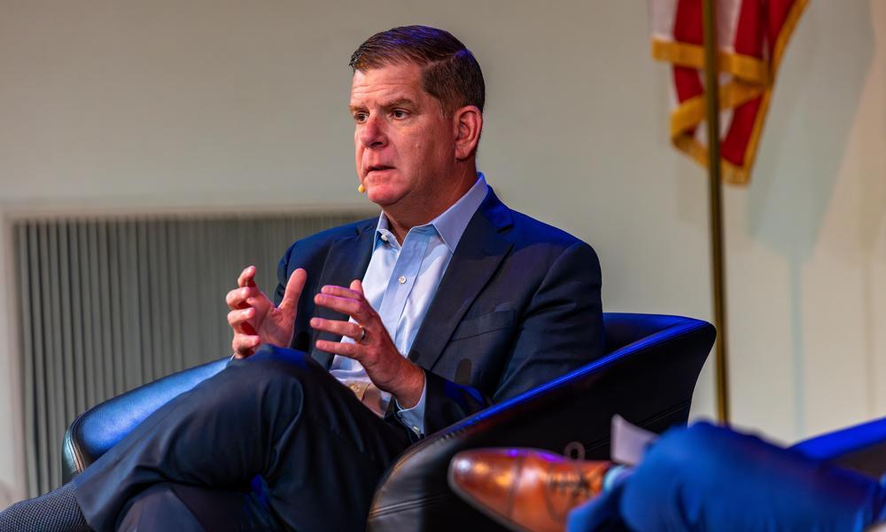 Former US Secretary of Labor Marty Walsh addresses the audience at Western New England University.
