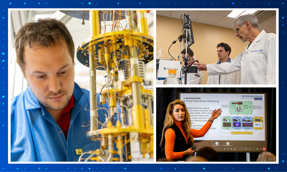 Three panel graphic featuring on L: Center for Quantum Hardware Development; top R: Biotechnology Lab; lower R: AI-Driven Multi-Sensor Monitoring