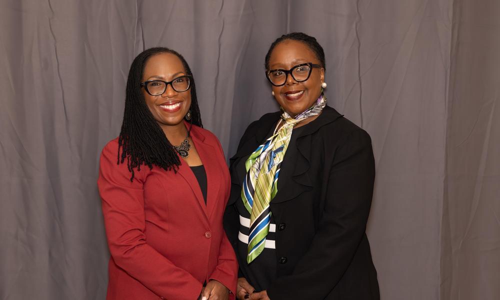 US Supreme Court Justice Katengi Brown Jackson stands next to WNE School of Law Dean Zelda B. Harris