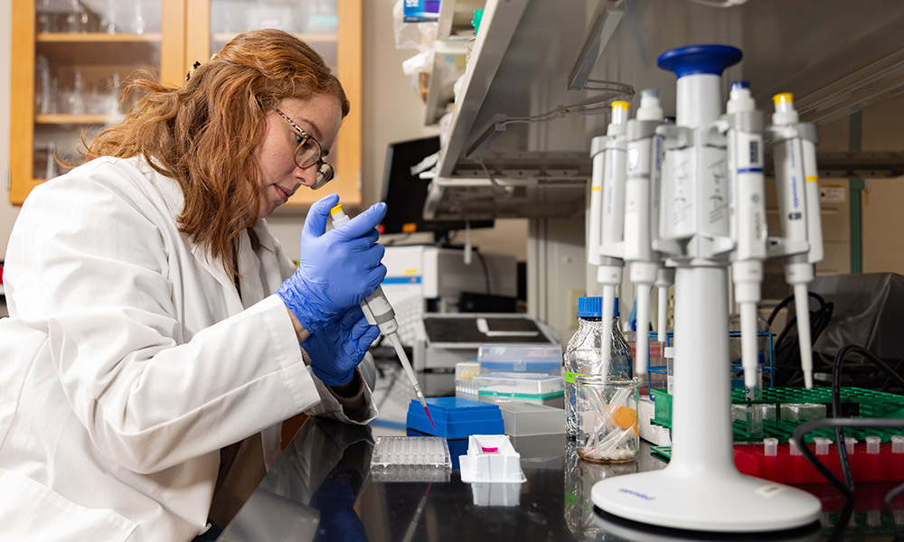 Lab student in white coat using pipette to fill beakers.