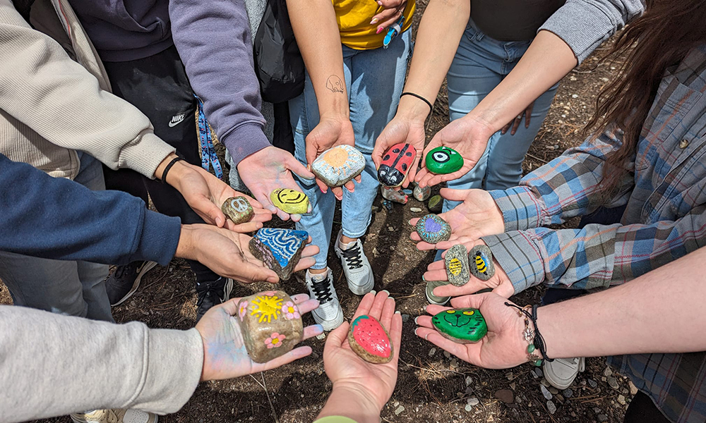 Approximately 12 honors students holding rocks as part of the WNE Honors Program meditation garden 