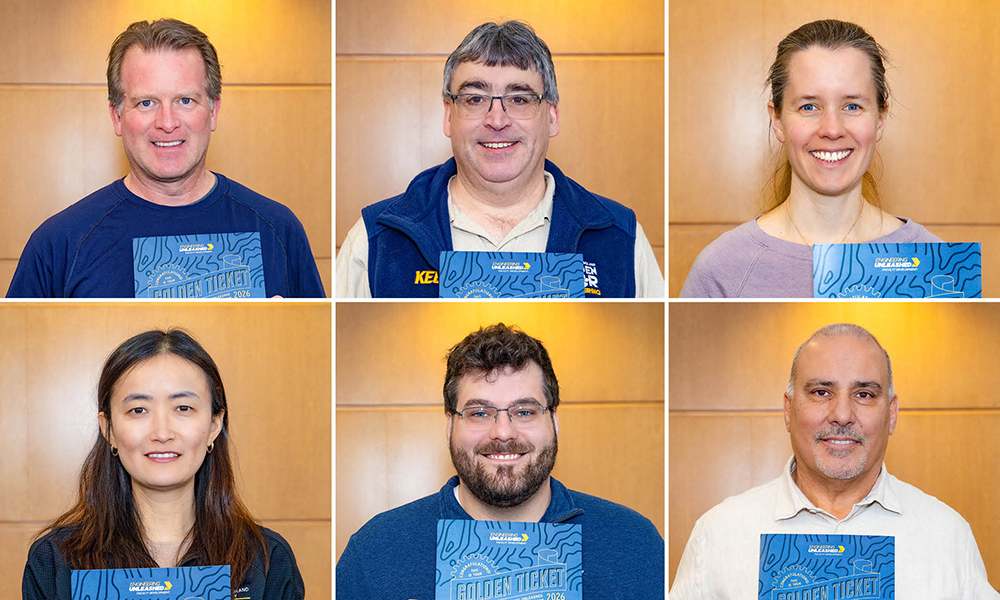 Graphic of six faculty headshots holding blue not gold ticks