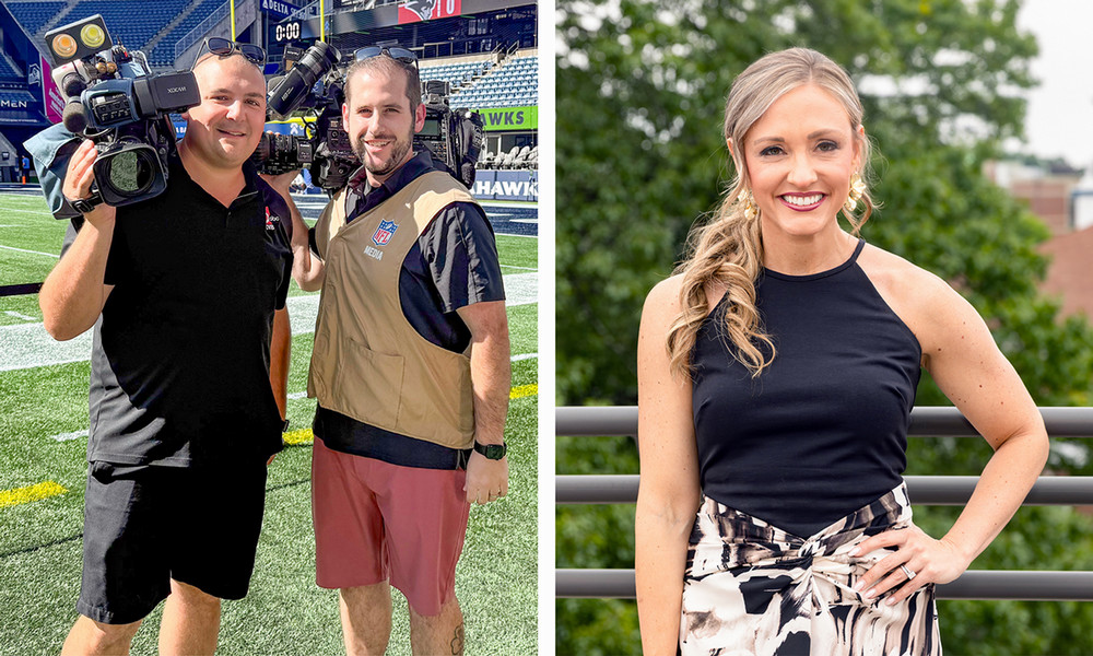 One graphic with two images: Bobby Souza and Tyler Unwin holding cameras as NFL photographers and Brittany Decker Mattson posing on the University Commons Terrace with the Deliso Cupola in background.